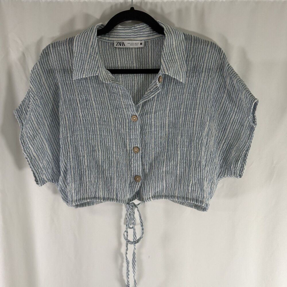 Zara Crop Top Women's Medium White Blue Striped Short Sleeve Collared Semi Sheer